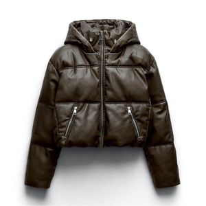 Zara faux leather cropped puffer anorak brown